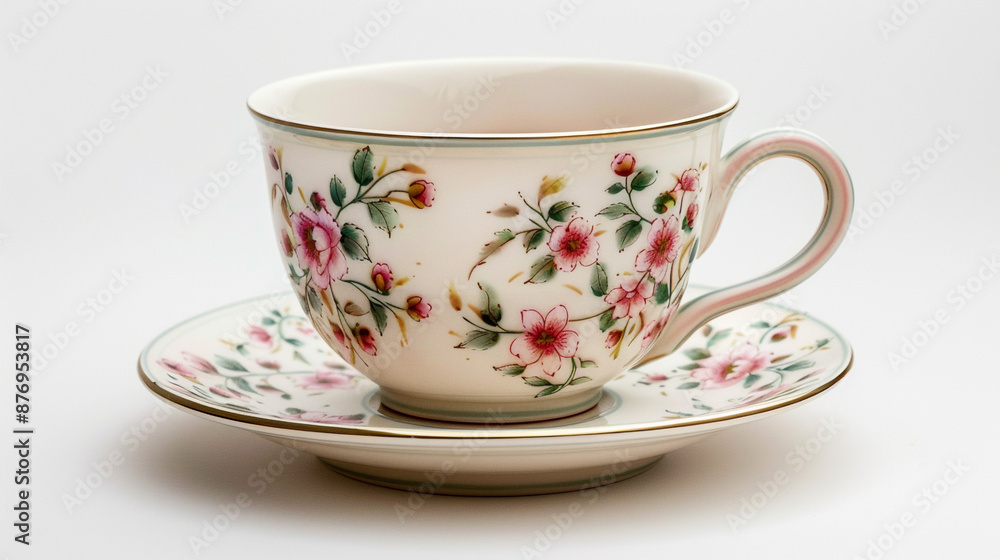 A delicate Victorian porcelain teacup and saucer, hand-painted with floral motifs in soft pastel colors, isolated on a pristine white background. A delicate Victorian porcelain teacup and saucer, hand-painted with floral motifs in soft pastel colors, isolated on a pristine white background.