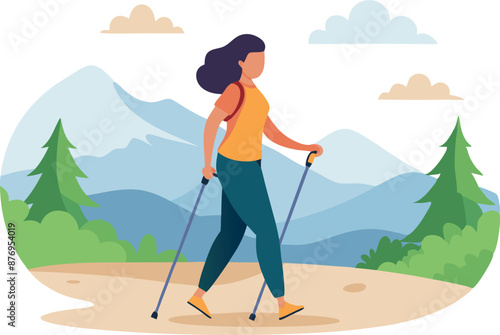 Woman Hiking in the Mountains with Trekking Poles