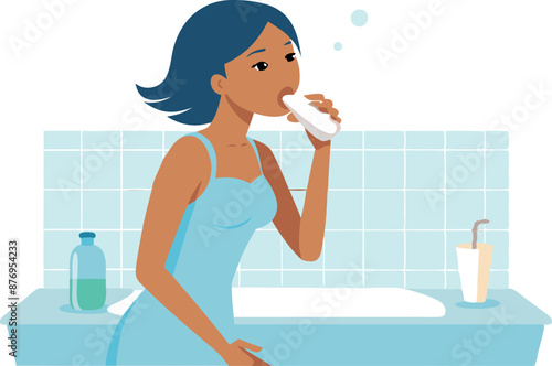 Woman Practicing Oral Hygiene in Bathroom