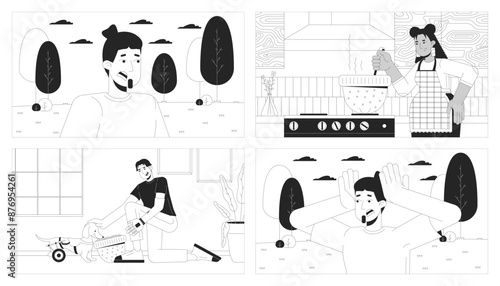 Alternative hat usage and panic attack outdoors black and white line illustration set. Multiracial adults 2D characters monochrome background. Lifestyle outline scene vector image collection