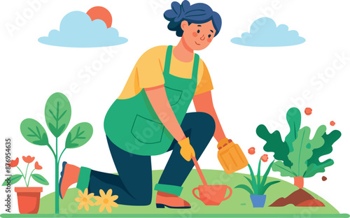 Woman Gardening Outdoors with Plants Under Sunny Sky