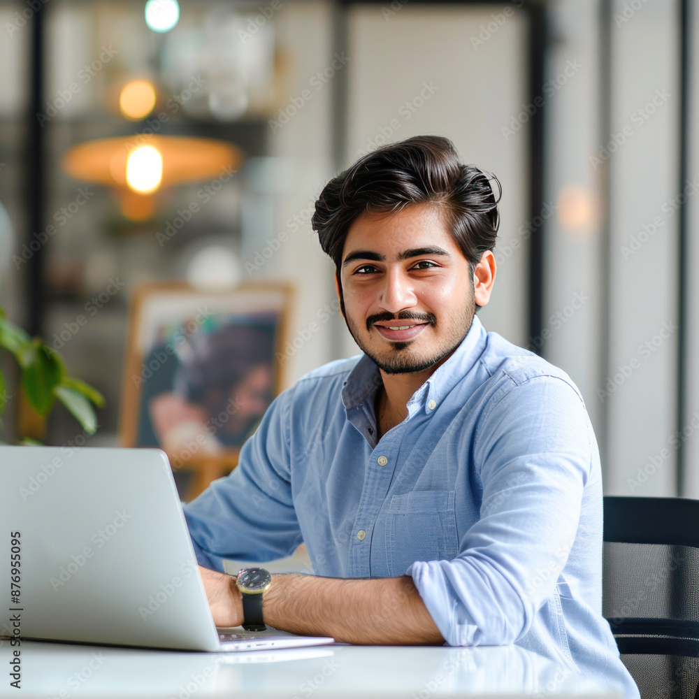 young handsome indian man using laptop and smiling young handsome indian man using laptop and smiling