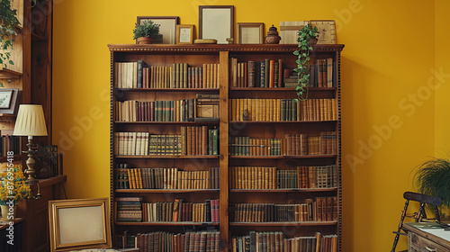 Brass bookends and picture frames on a wooden bookshelf, against a mustard yellow backdrop, adding warmth and character to a study or library setting. Ample copy space. photo