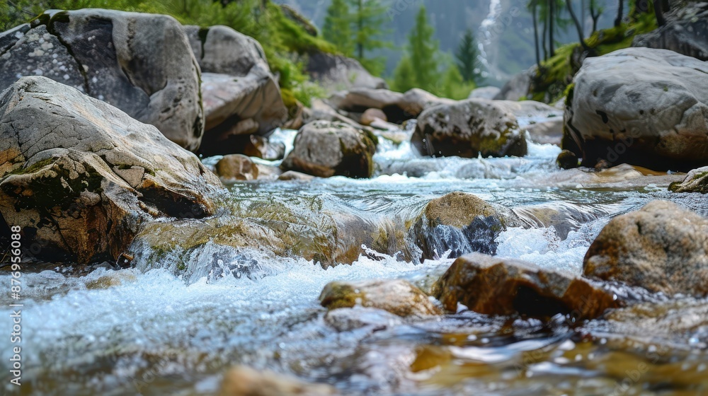 A rapid mountain stream flowing with force over boulders and framed by a forest backdrop, capturing a dynamic and invigorating natural scene that evokes adventurous feelings. A rapid mountain stream flowing with force over boulders and framed by a forest backdrop, capturing a dynamic and invigorating natural scene that evokes adventurous feelings.