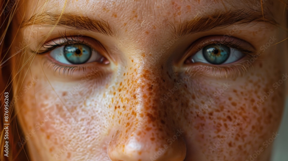 Intense Gaze of Blue-eyed Woman with Natural Freckles Intense Gaze of Blue-eyed Woman with Natural Freckles