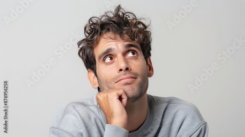 Young man thinking or confuse on white background