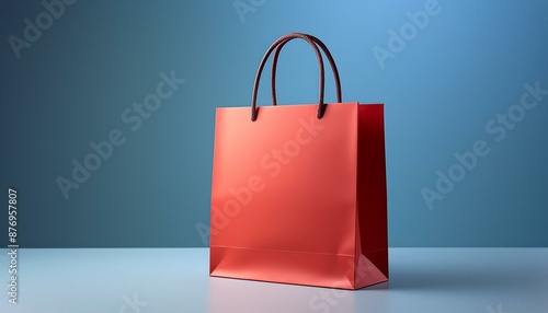 Red shopping bag with empty space, blue studio background