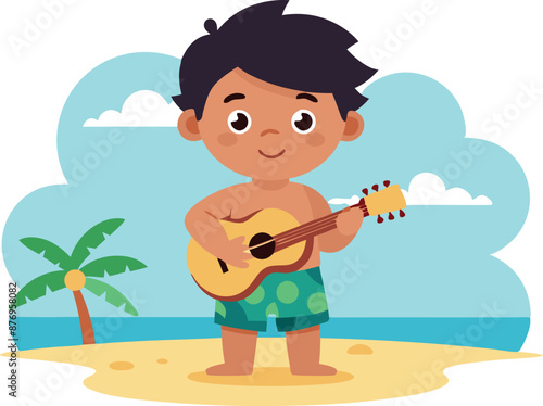 Little Boy Playing Ukulele on Sunny Beach