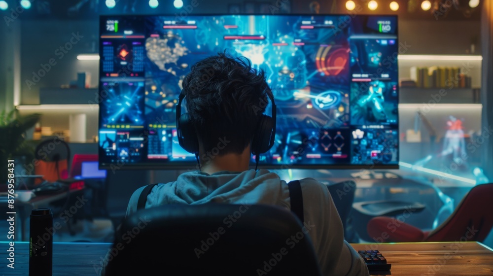 Naklejka premium A gamer sits in a dimly lit room wearing headphones, engrossed in a strategy game displayed on a large monitor.