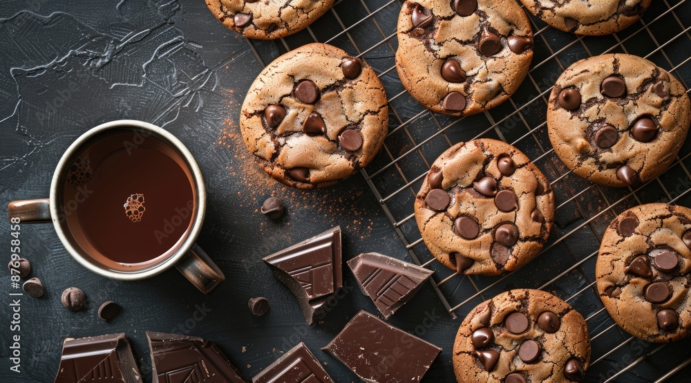 chocolate chip cookies on a wire rack with a cup of hot chocolate and pieces of milk chocolate bars, top view, wooden table background, food photography chocolate chip cookies on a wire rack with a cup of hot chocolate and pieces of milk chocolate bars, top view, wooden table background, food photography