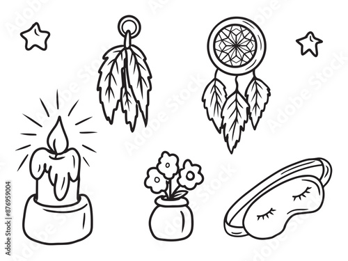 Set of accessory for sleep candle light, dream catcher feathers, mask from light protection, flowerpot in in black on white. Hand drawn vector sketch illustration in doodle engraved vintage line art.