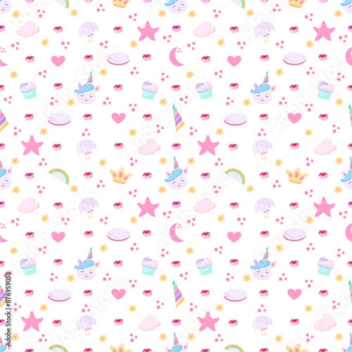 Unicorn colourful background seamless pattern. Cute Cartoon Unicorns Seamless Pattern. Unicorn Animal And Rainbow. Kids Birthday And Baby Shower Love Vector