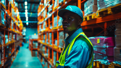 Portrait of a young man working as a logistician in a warehouse in a turquoise uniform. A warehouse employee looks at the camera while standing indoors. Concept of industry, logistics.