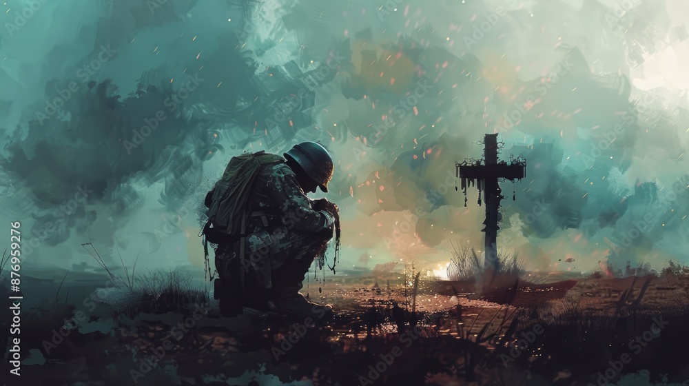Obraz premium An emotional scene of a soldier's silhouette overlaid with the silhouette of a battlefield cross adorned with a helmet, rifle with boots