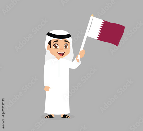 Qatari boy holding flag of Qatar photo