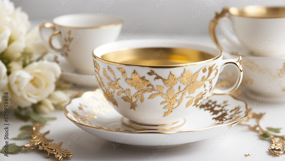 A white teacup and saucer with gold trim, filled with tea. There are two other teacups in the background and white roses in the foreground.
A white teacup and saucer with gold trim, filled with tea. There are two other teacups in the background and white roses in the foreground.