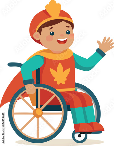 Happy Child in Wheelchair Dressed as a Superhero Waving