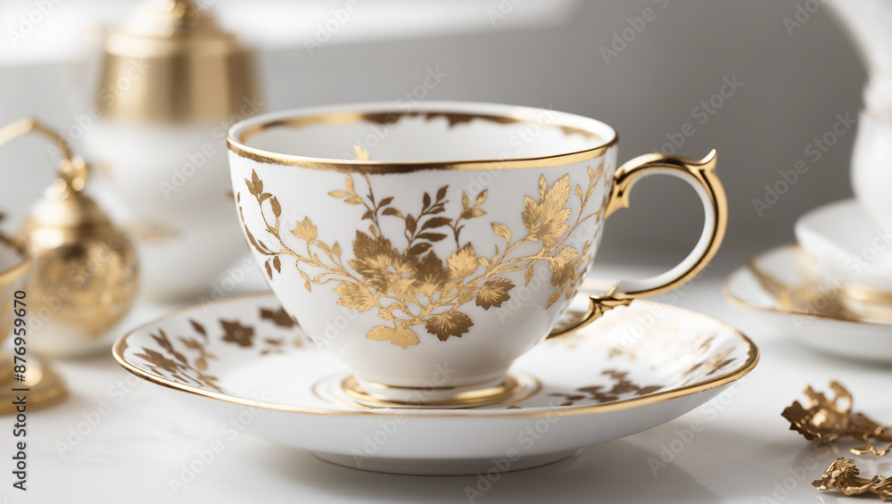 A white teacup and saucer with gold trim, filled with tea. There are two other teacups in the background and white roses in the foreground.
A white teacup and saucer with gold trim, filled with tea. There are two other teacups in the background and white roses in the foreground.