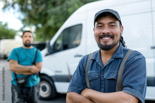 A smiling worker in uniform, confidently carrying out delivery tasks with a professional approach, showcasing teamwork and efficiency in transportation and logistics.