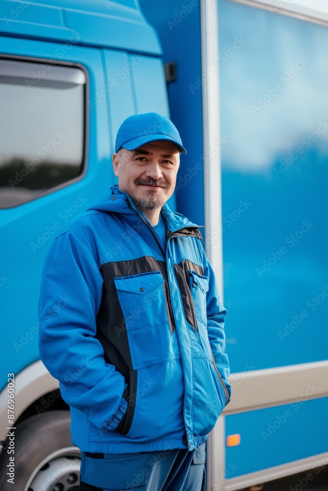 A smiling truck driver in blue uniform, standing beside his vehicle, ready for delivery. A smiling truck driver in blue uniform, standing beside his vehicle, ready for delivery.