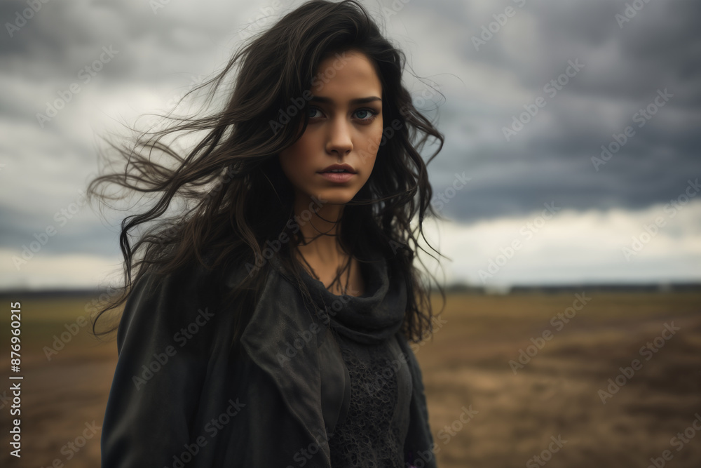 portrait of a girl on the background of a cloudy plain portrait of a girl on the background of a cloudy plain