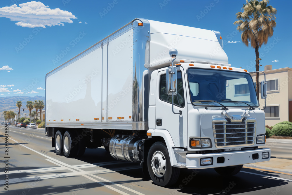 A white truck is driving on the road against the background of a summer city street A white truck is driving on the road against the background of a summer city street