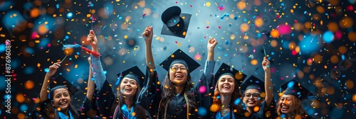 Students jubilantly throwing graduation hats, academic achievement