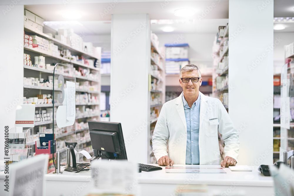 Mature man, medicine or portrait in pharmacy with glasses, smile for healthcare industry or career. Male pharmacist, workplace or happy in drug store with professional service, retail and dispensary Mature man, medicine or portrait in pharmacy with glasses, smile for healthcare industry or career. Male pharmacist, workplace or happy in drug store with professional service, retail and dispensary