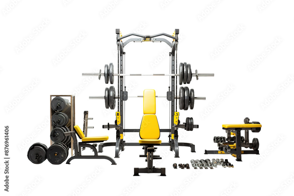 A Home Gym Power Rack Set With Yellow Accents for Strength Training on a White or Clear Surface PNG Transparent Background A Home Gym Power Rack Set With Yellow Accents for Strength Training on a White or Clear Surface PNG Transparent Background