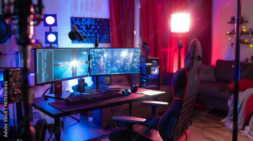 A gaming setup with two monitors, a microphone, and a gaming chair. The room is lit with red and blue lights. A gaming setup with two monitors, a microphone, and a gaming chair. The room is lit with red and blue lights.