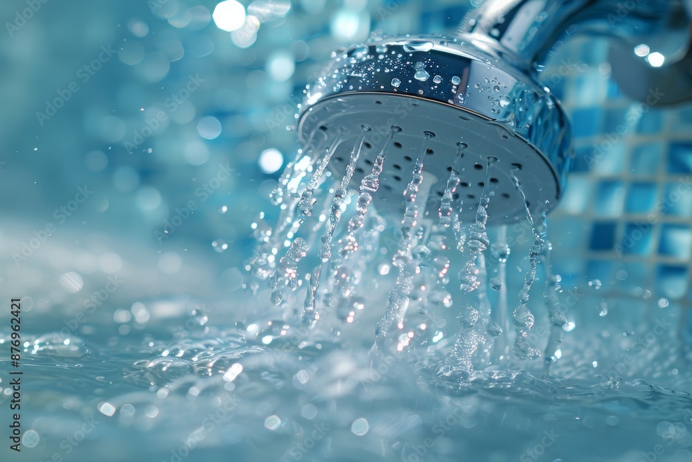 Modern Shower Head with Flowing Water in a Luxurious Bathroom Modern Shower Head with Flowing Water in a Luxurious Bathroom