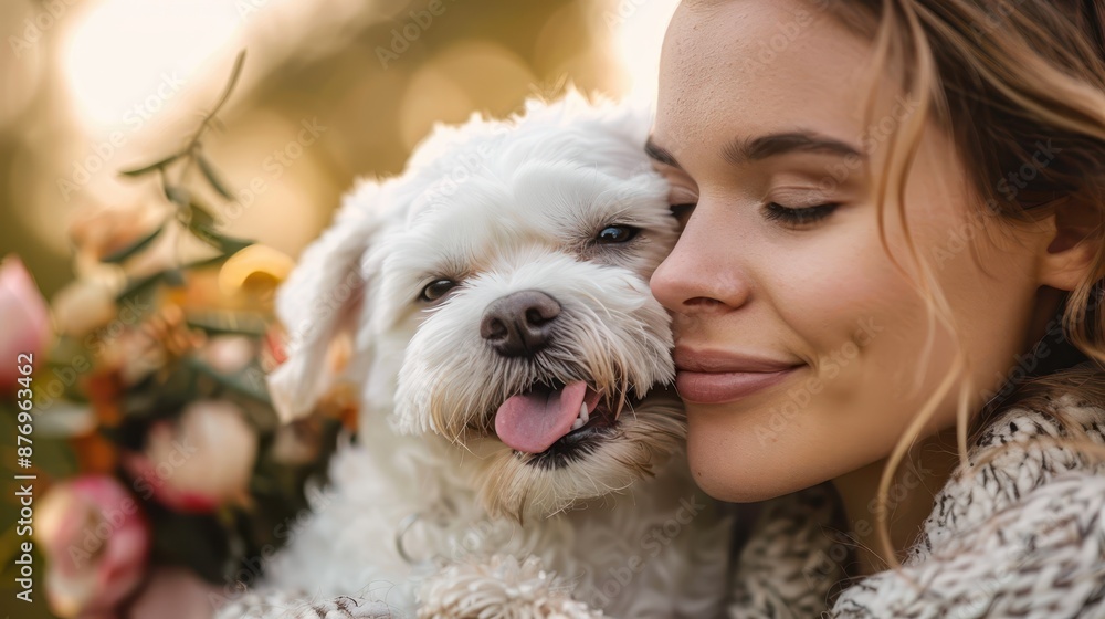 A warm and cozy embrace between a woman and her fluffy white dog, both smiling contently, captured in the soft, golden light of a serene outdoor setting. A warm and cozy embrace between a woman and her fluffy white dog, both smiling contently, captured in the soft, golden light of a serene outdoor setting.