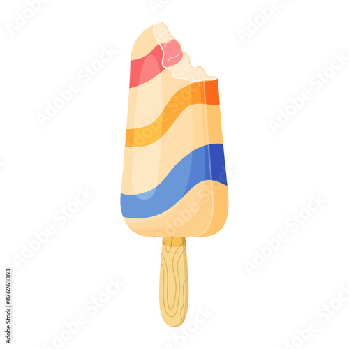 Bitten Fruit Ice cream on wooden stick. Colorful cold summer dessert with wavy stripes. Frozen juice Hand drawn flat style isolated, cheerful and summery appearance. Vector illustration
