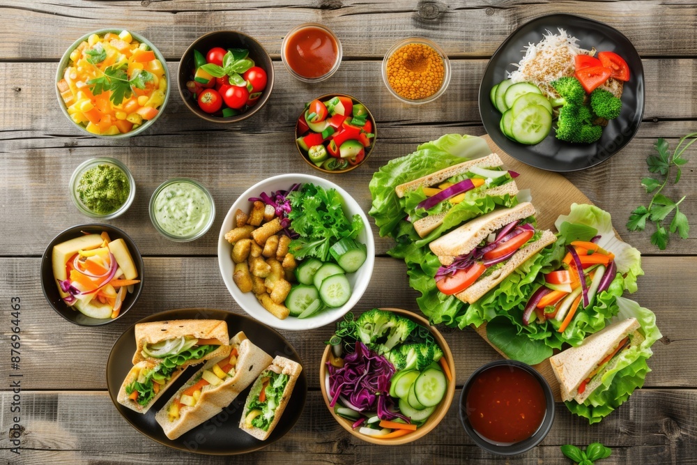 Lunch Table. Healthy and Fresh Vegetarian Scene with Nutritious Buddha Bowl and Salad over Wood Background Lunch Table. Healthy and Fresh Vegetarian Scene with Nutritious Buddha Bowl and Salad over Wood Background