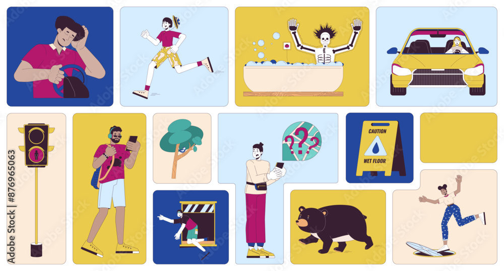 Fototapeta premium Dangerous everyday situations bento grid illustration set. Dangers accidents 2D vector image collage design graphics collection. Multicultural adult people unsafe flat characters moodboard layout
