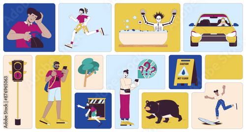 Dangerous everyday situations bento grid illustration set. Dangers accidents 2D vector image collage design graphics collection. Multicultural adult people unsafe flat characters moodboard layout
