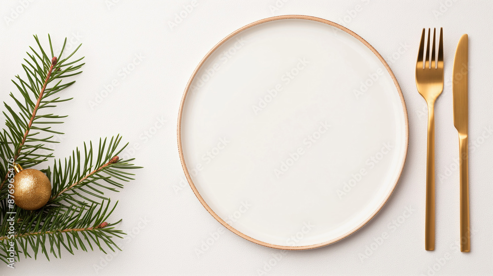 Empty plate with gold cutlery and Christmas pine branch on a white background. Christmas and New Year festive concept. Template for greeting card, invitation, banner with copy space. Empty plate with gold cutlery and Christmas pine branch on a white background. Christmas and New Year festive concept. Template for greeting card, invitation, banner with copy space.