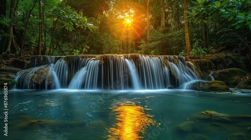 Tranquil waterfall amidst lush greenery at sunset landscape