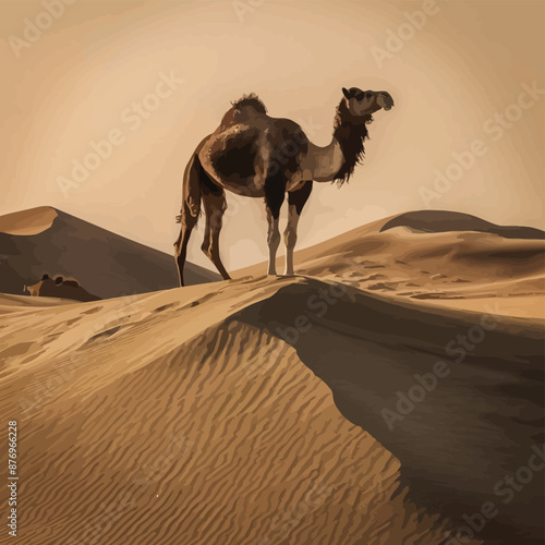 A camel standing on top of a dune, looking over the vast expanse of the Sahara Desert
