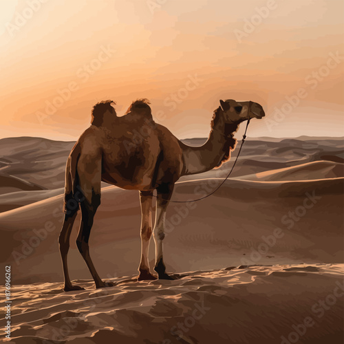 A camel standing on top of a dune, looking over the vast expanse of the Sahara Desert

