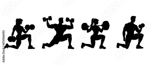 Vector bodybuilding silhouettes. Sport man weight lifting in different pose. Collection of black silhouettes of male and female bodybuilders Illustration icon.