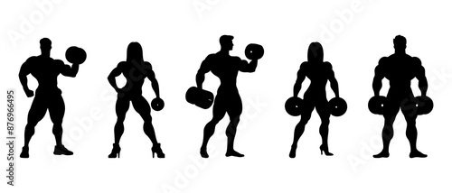 Vector bodybuilding silhouettes. Sport man and woman with dumbbell in different pose. Collection of black silhouettes of male and female bodybuilders Illustration icon.