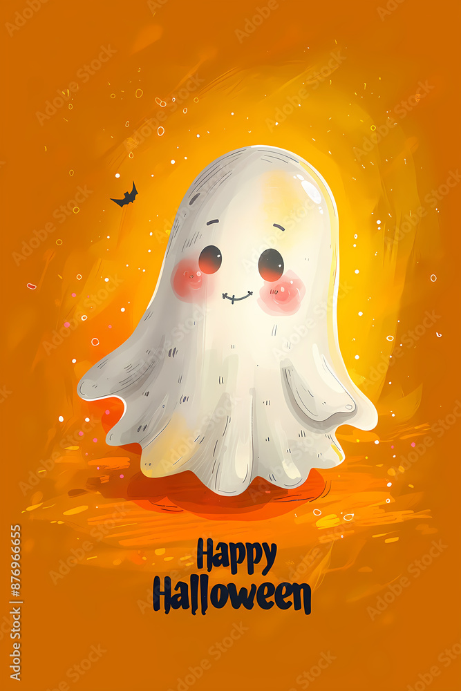 Obraz premium Cute smiling ghost on an orange background with 