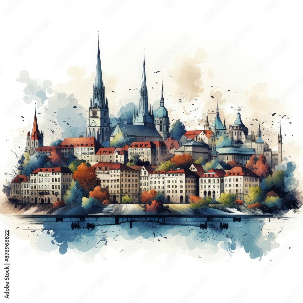 Obraz premium Minimalistic Illustration of Scenic Lake Bled in Slovenia