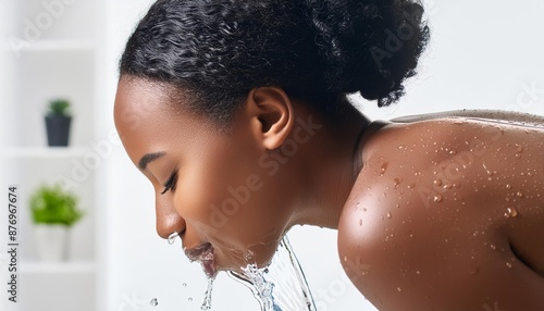 Beautiful African Woman washing her Face with Clean Water - Hygiene and Selfcare during the Day - Drinking Clean Mineral Water - Female Splashing Water in her Face in Bathroom - Removing Make-up photo