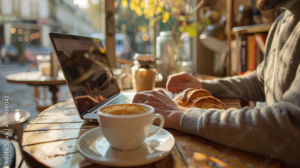 custom made wallpaper toronto digitalA man is working on his laptop in a cafe. There is a cup of coffee and a pastry on the table. This image represents the concept of freelancing and self-employment.