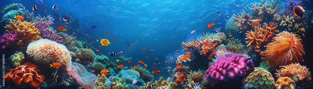 Fototapeta premium Vibrant coral reef teeming with colorful fish, underwater scene, high detail, deep blue ocean, realistic illustration