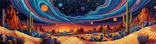 Surreal desert habitat, psychedelic colors, swirling sand patterns, fantastical cacti forms, vibrant and detailed photo