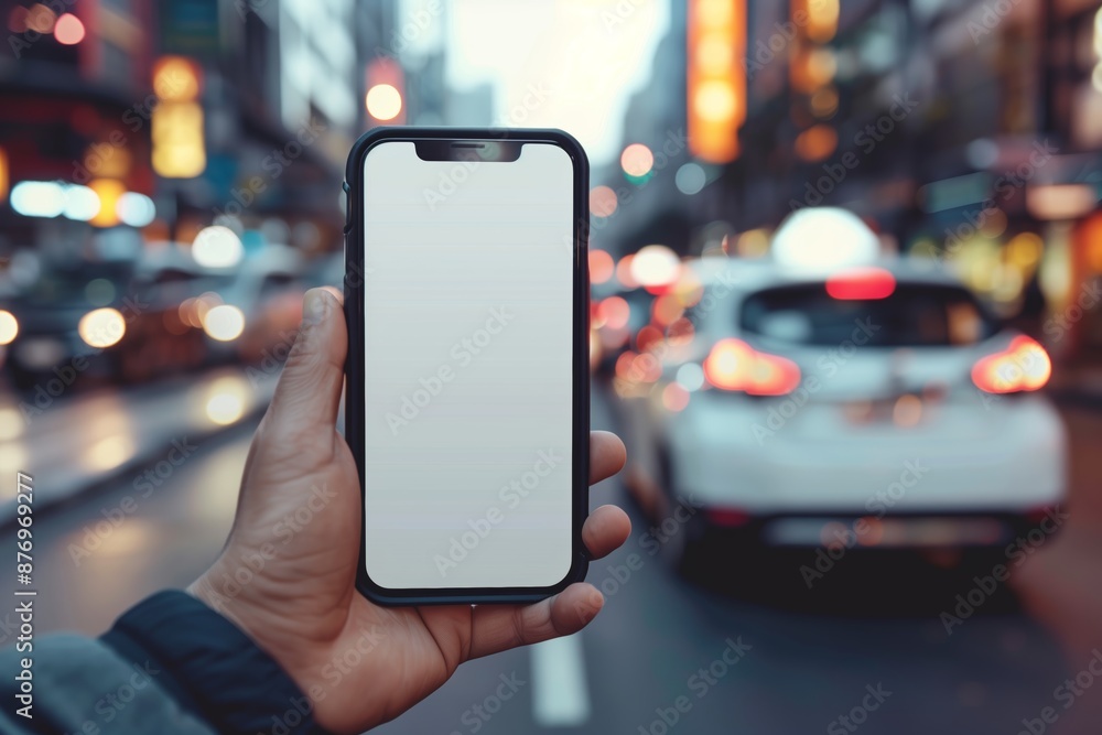 A close-up shot of a person holding a smartphone with a blank white screen in their hand, set against the backdrop of a dimly lit city street at night. A close-up shot of a person holding a smartphone with a blank white screen in their hand, set against the backdrop of a dimly lit city street at night.