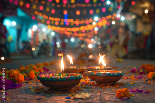 Illuminated Diwali Street Scene with Oil Lamps and Flower Petals in India
